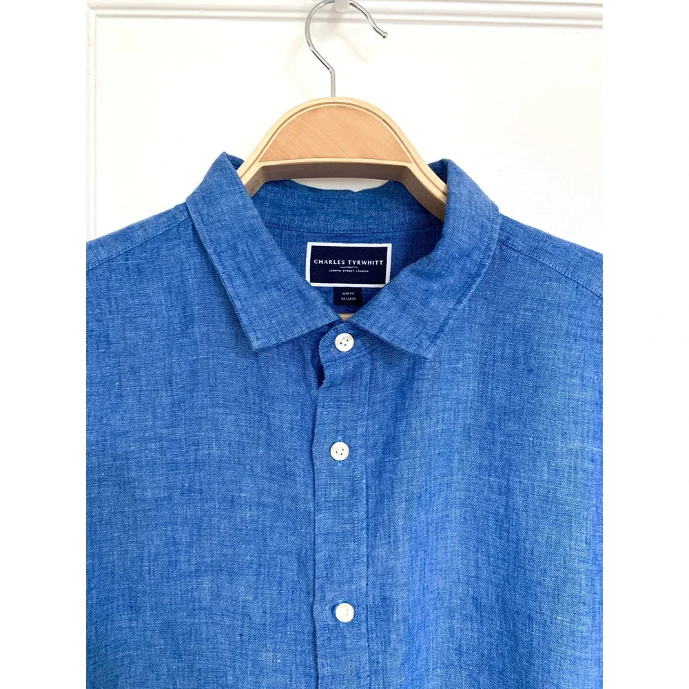 Charles Tyrwhitt Mens Pure Linen Slim Fit Shirt Cornflower Blue XXL $139 - Picture 2 of 16